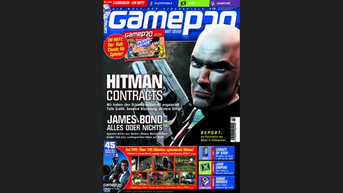 GamePro 032004mit Hitman-Titelstory und Tests zu Castlevania, Sonic Heroes und I-Ninja. Außerdem: Previews zu Jade Empire, Rainbow Six 3 und Killer 7.