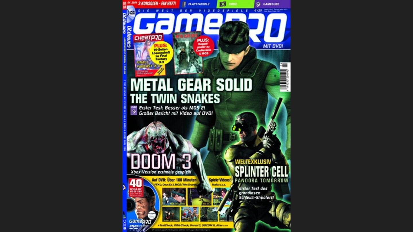 GamePro 042004mit Metal Gear Solid-Titelstory und Tests zu Splinter Cell: Pandora Tomorrow, Deus Ex: Invisible War und Mafia. Außerdem: Previews zu Doom II und Donkey Konga.