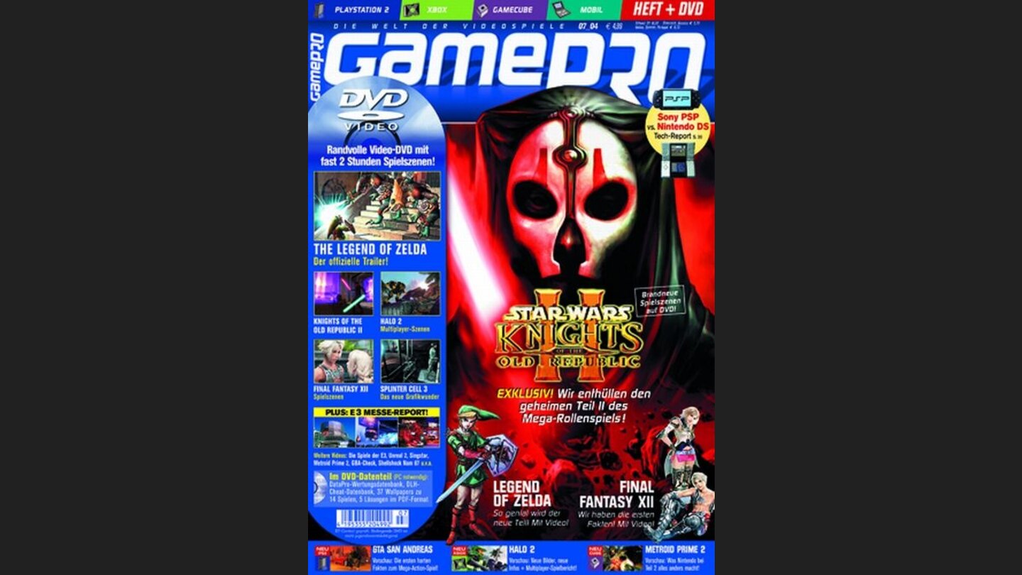 GamePro 072004mit Knights of the Old Republic-Titelstory und Tests zu Red Dead Revolver, Sing Star und Unreal 2. Außerdem: Previews zu Fable, Zelda und Metroid Prime 2.