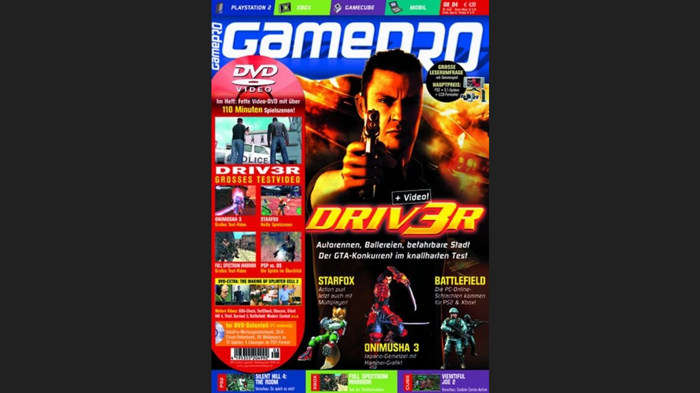 GamePro 082004mit Driv3r-Titelstory und Tests zu Full Spectrum Warrior, Obscure und Thief: Deadly Shadows. Außerdem: Previews zu Conker: Live + Reloaded, Forza Motorsport und Starfox.