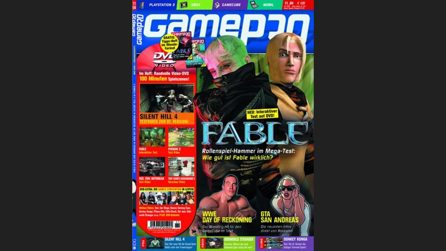 GamePro 112004mit Fable-Titelstory und Tests zu Donkey Konga, Pikmin 2 und Worms: Forts. Außerdem: Previews zu GTA: San Andreas und Mario Tennis.