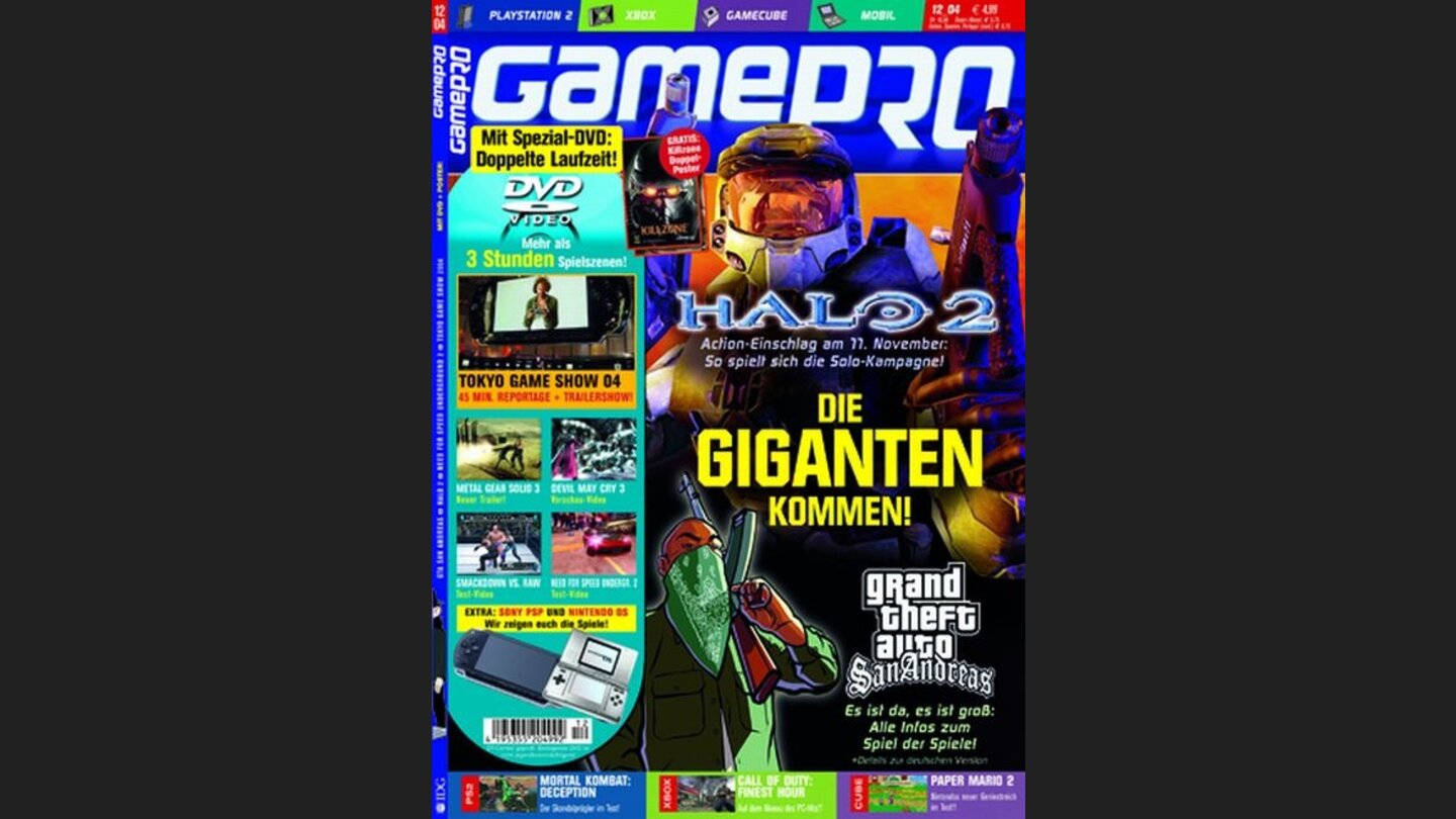 GamePro 122004mit Halo 2-Titelstory und Tests zu Kingdom under Fire, Paper Mario 2 und Viewtiful Joe. Außerdem: Previews zu Devil May Cry 3 und The Urbz.