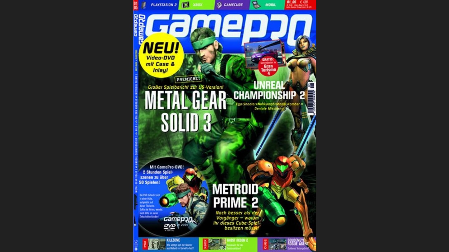 GamePro 012005mit Metal Gear Solid 3-Titelstory und Tests zu Flatout, GTA San Andreas, Halo 2 und Metroid Prime 2: Echoes. Außerdem: Previews zu Brothers in Arms, Far Cry Instincts und Resident Evil 4.