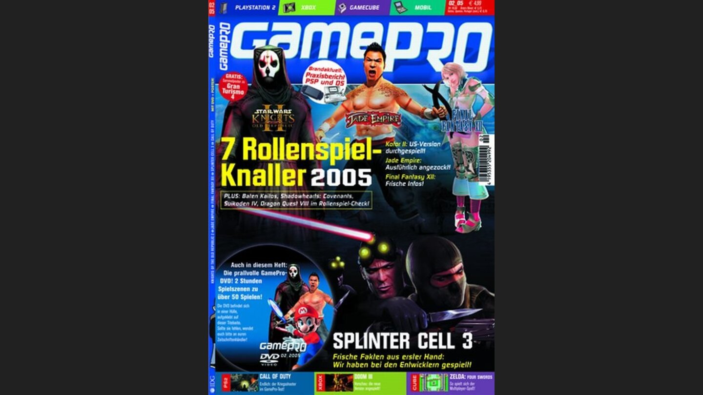 GamePro 022005mit KotOR 2-Titelstory und Tests zu Call of Duty, Ghost Recon 2 und Zelda: Four Swords Adventure. Außerdem: Previews zu Doom 3, Mercenaries und Resident Evil 4.