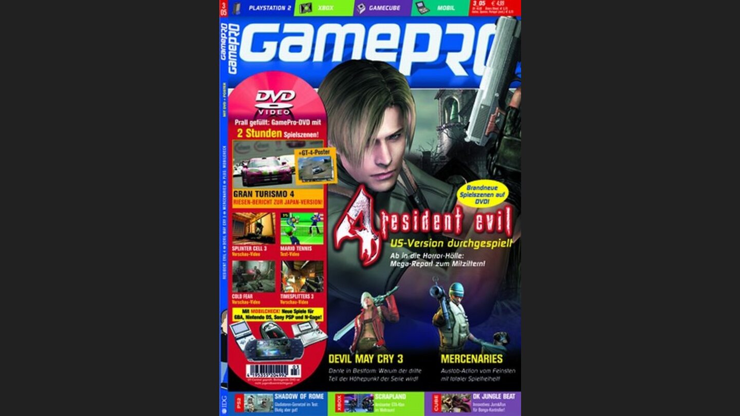 GamePro 032005mit Resident Evil 4-Titelstory und Tests zu Mario Power Tennis, Outlaw Golf 2 und Project Zero 2. Außerdem: Previews zu FIFA Street, Gran Turismo 4 und Time Splitters: Future Perfect.