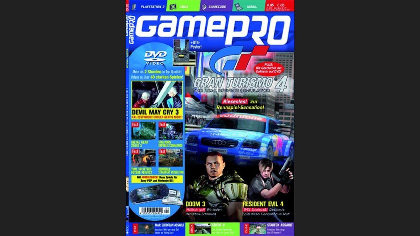 GamePro 042005mit Gran Turismo 4-Titelstory und Tests zu Constantine, Devil MAy Cry 3, Gran Turismo 4 und Resident Evil 4. Außerdem: Previews zu EyeToy, Midnight Club 3 und Starfox Assault.