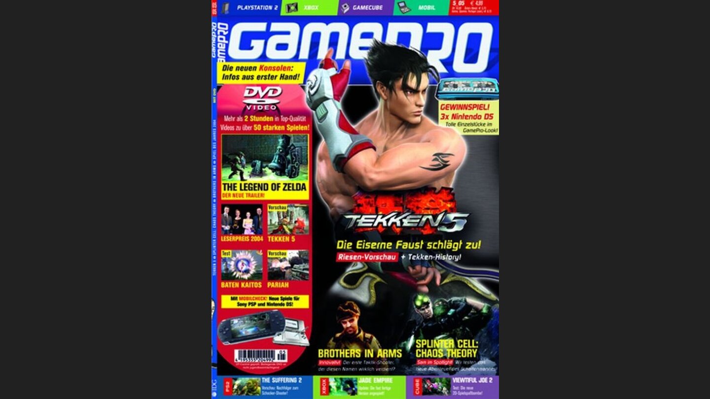 GamePro 052005mit Tekken 5-Titelstory und Tests zu Baten Kaitos, Splinter Cell Chaos Theory und Viewtiful Joe 2. Außerdem: Previews zu Jade Empire, Killer 7 und Pariah.