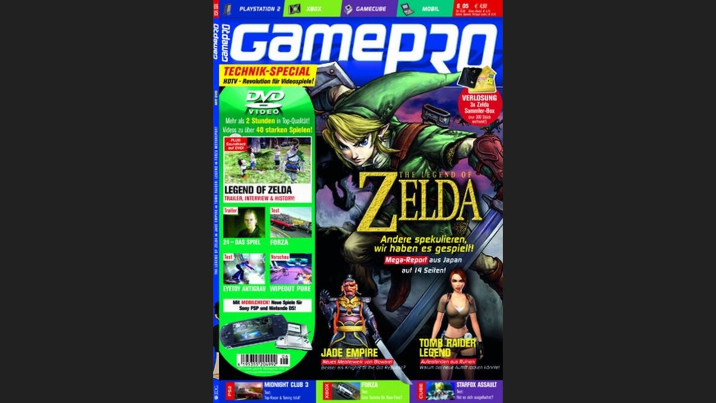 GamePro 062005mit Zelda-Titelstory und Tests zu Forza Motorsport, Jade Empire und Splinter Cell: Chaos Theory. Außerdem: Previews zu Twenty Four, Fahrenheit und God of War.