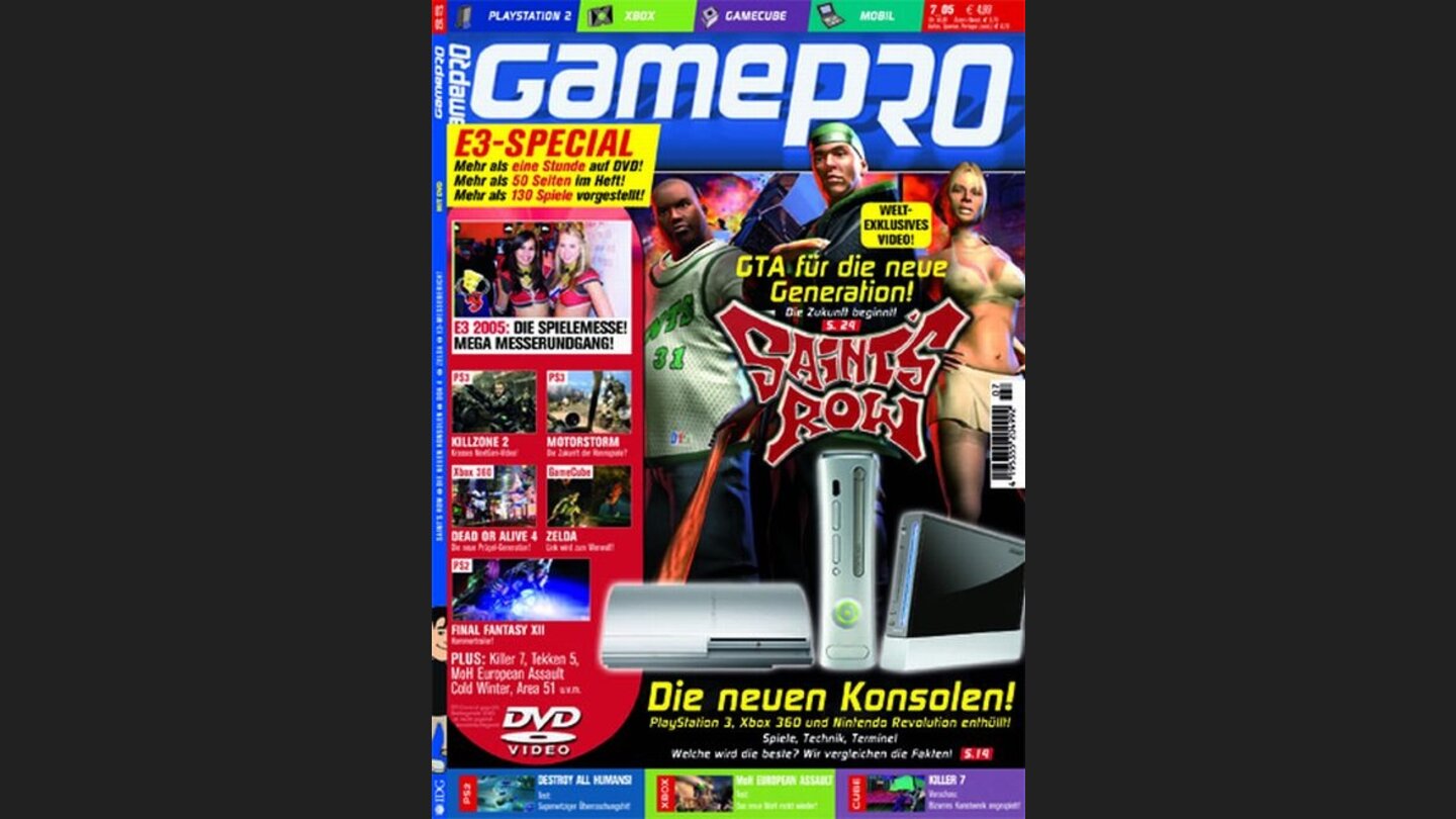 GamePro 072005mit Saints Row-Titelstory und Tests zu Destroy all Humans, Donkey Konga 2, SCAR und Tekken 5. Außerdem: Previews zu Killer 7, Prince of Persia 3 und Zelda: Twilight Princess.