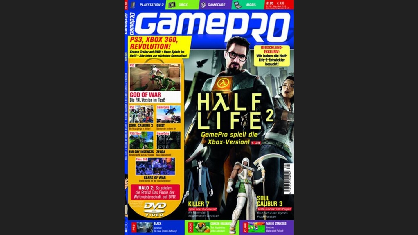 GamePro 082005mit Half Life 2-Titelstory und Tests zu Conker, God of War, Killer 7 und SCAR. Außerdem: Previews zu Geist, Perfect Dark Zero und TES IV: Oblivion.