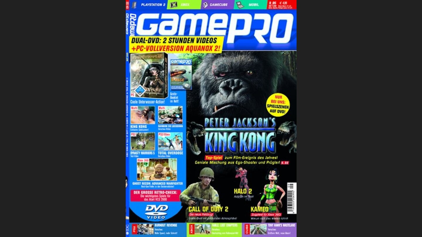 GamePro 092005mit King Kong-Titelstory und Tests zu Conker Live + Reloaded und Fantastic 4. Außerdem: Previews zu Fahrenheit, Fable, Gun und True Crime: New York City.