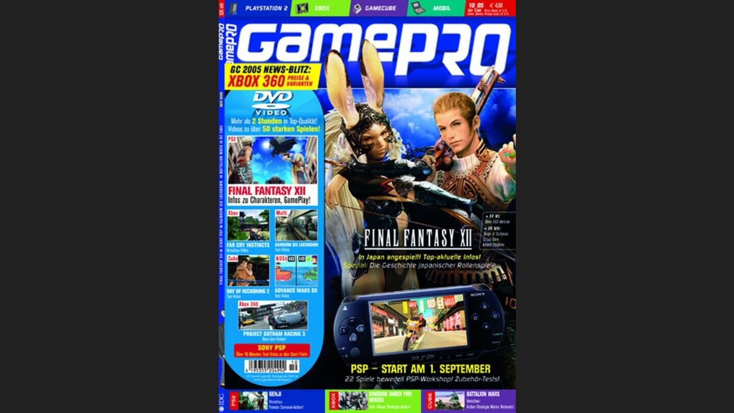 GamePro 102005mit Final Fantasy XII-Titelstory und Tests zu Fahrenheit und Rainbow Six: Lockdown. Außerdem: Previews zu Battallion Wars, Farcry und FIFA 06.