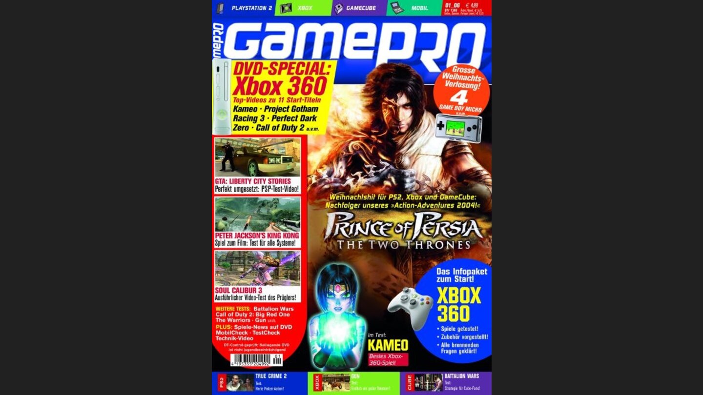 GamePro 012006mit Prince of Persia-Titelstory und Tests zu Battalion Wars, Gun und Soul Calibur 3. Außerdem: Previews zu Crackdown, Shadow of the Colossus und Splinter Cell 4.