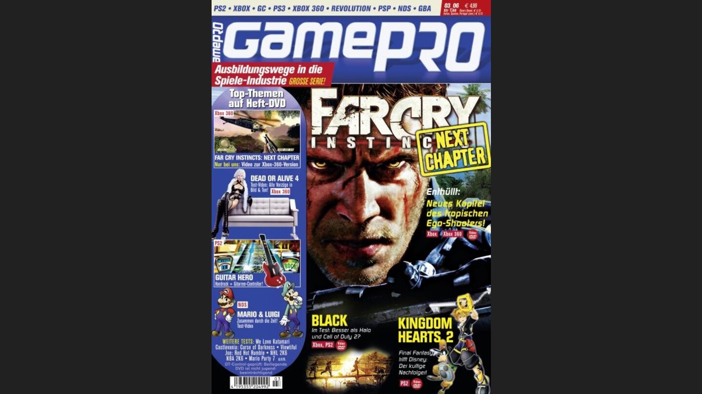GamePro 032006mit Far Cry Instincts-Titelstory und Tests zu Black, Mario Party 7, Mario + Luigi und Shadow of the Colossus. Außerdem: Previews zu Der Pate, Guitar Hero und Phantasy Star Universe.