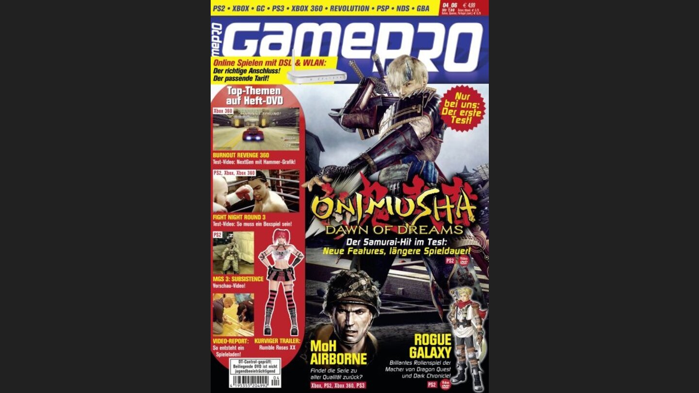 GamePro 042006mit Onimusha-Titelstory und Tests zu Burnout Revenge, DTM Race Driver 2 und Tak: Die große Ju-Ju-Jagd. Außerdem: Previews zu Driver: Parallel Lines und Splinter Cell: Double Agent.
