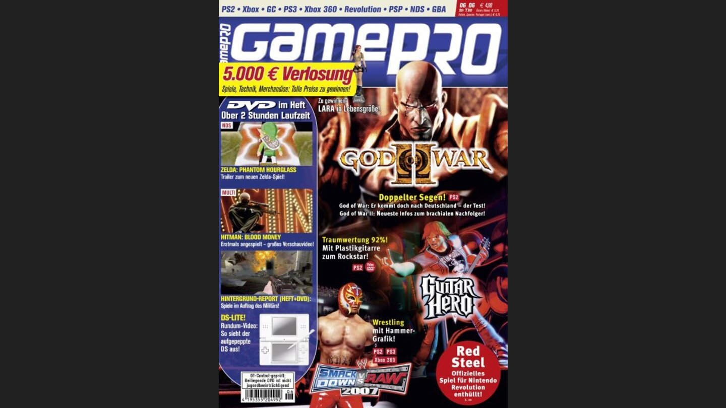 GamePro 062006mit God of War-Titelstory und Tests zu Guitar Hero und Metroid Prime: Hunters. Außerdem: Previews zu Alone in the Dark, Just Cause und Scarface.