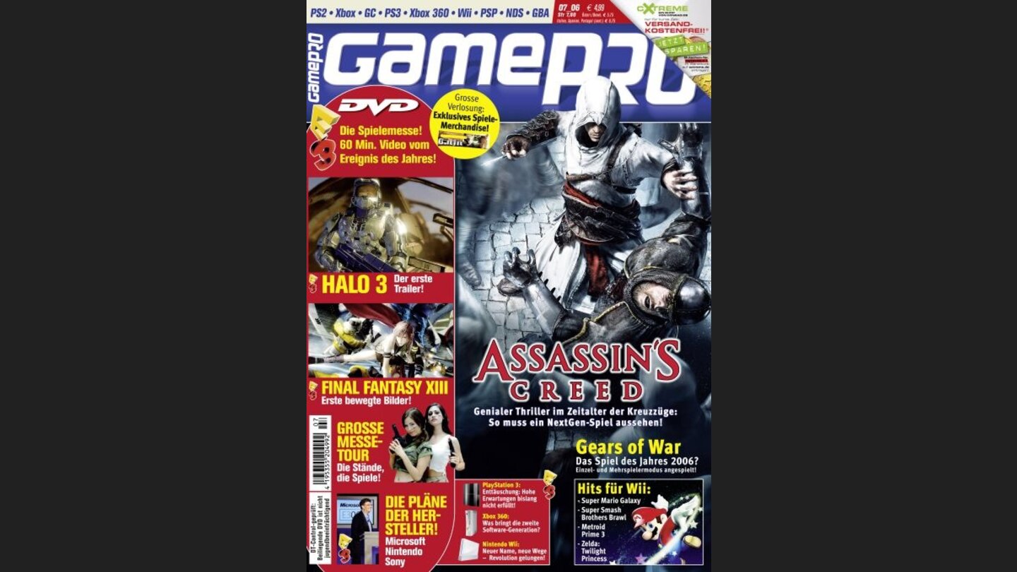 GamePro 072006mit Assassins Creed-Titelstory und Tests zu Final Fantasy XI, Rockstar Tischtennis und Dr. Kawashimas Gehirn Jogging. Außerdem: Previews zu Bioshock, Gears of War, Halo 3 und Metal Gear Solid 4.