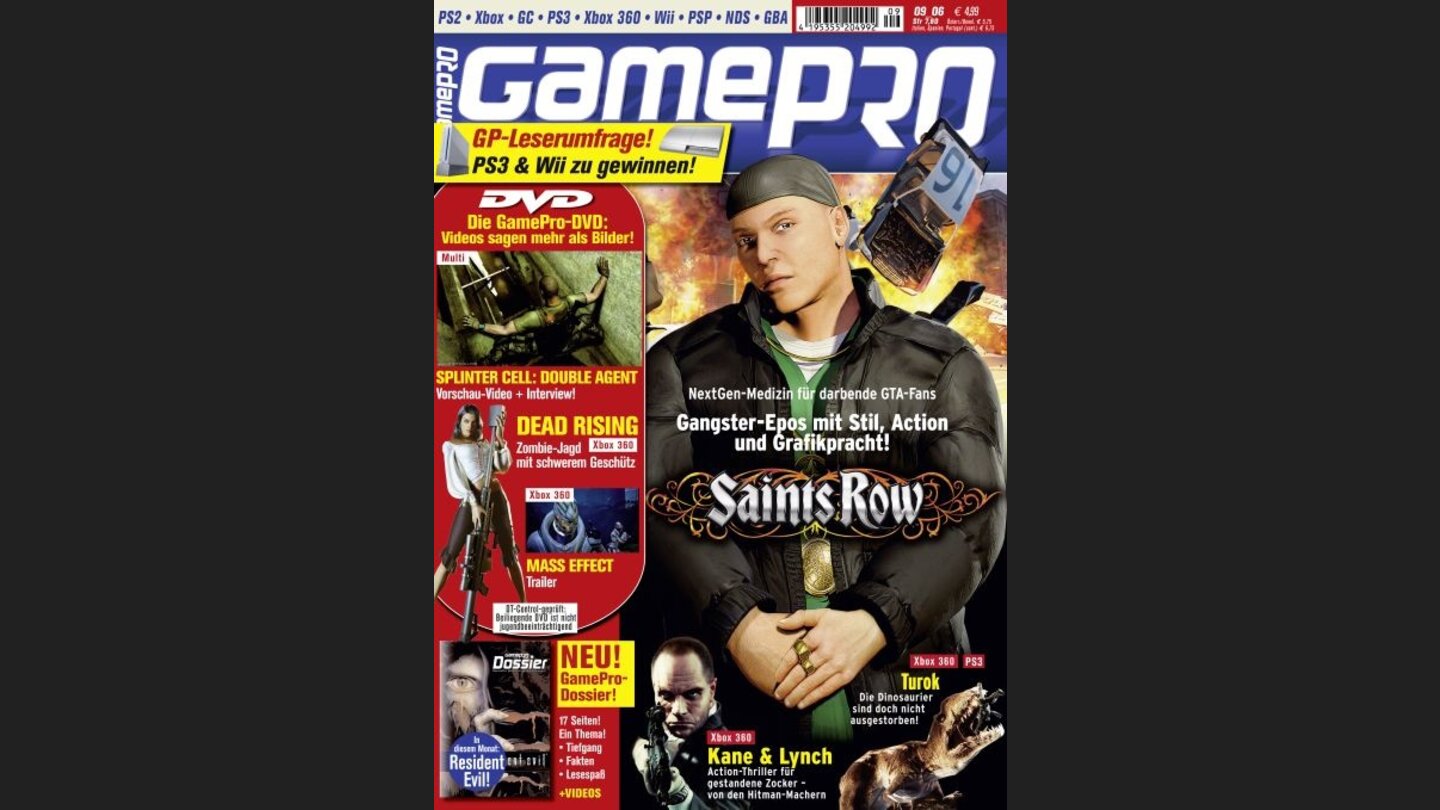 GamePro 092006mit Saints Row-Titelstory und Tests zu GTA Liberty City Stories und Prey. Außerdem: Previews zu Call of Duty 3, Dead Rising und Turok.