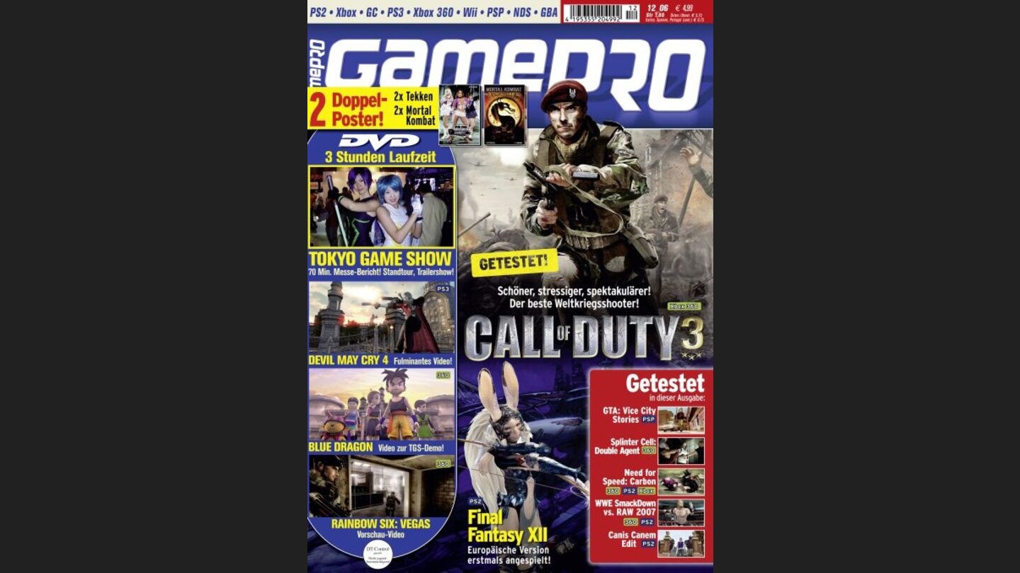 GamePro 122006mit Call of Duty 3-Titelstory und Tests zu Dirge of Cerberus, Sing Star Legends und Splinter Cell Double Agent. Außerdem: Previews zu Burnout 5, Devil May Cry 4 und Lost Planet.