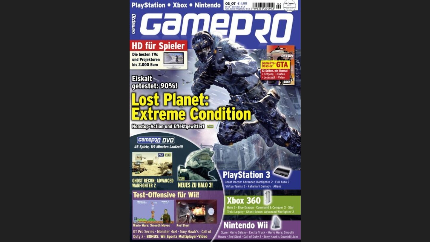 GamePro 022007mit Lost Planet-Titelstory und Tests zu Super Mario Galaxy, Call of Duty 3 und Red Steel. Außerdem: Previews zu Blue Dragon, Halo 3 und Metal Gear Solid: Portable Ops.