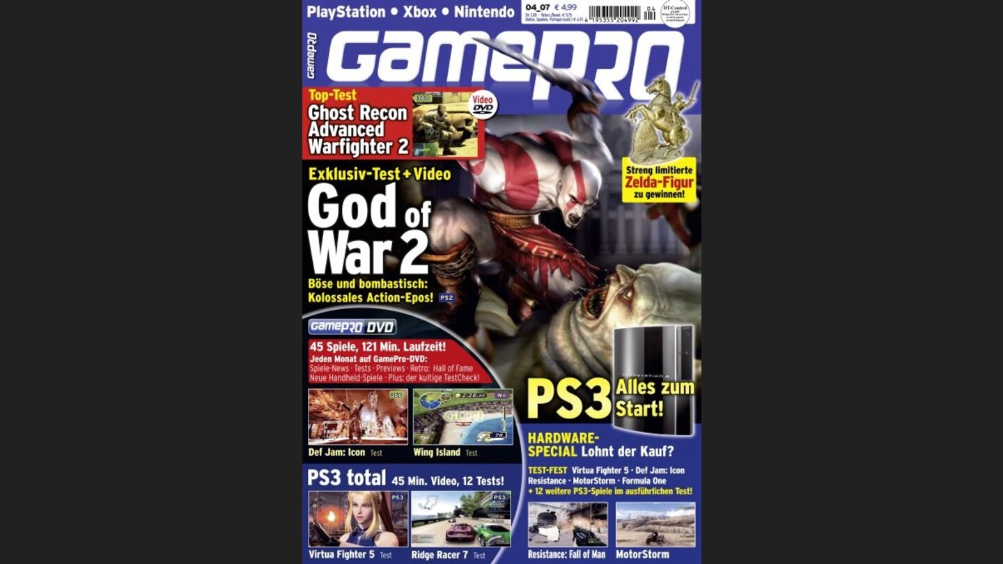 GamePro 042007mit God of War 2-Titelstory und Tests zu GTA Vice City Stories, Ghost Recon: Advanced Warfighter 2 und Sid Meiers Pirates!. Außerdem Previews zu Guitar Hero 2, Sacred 2 und The Club.
