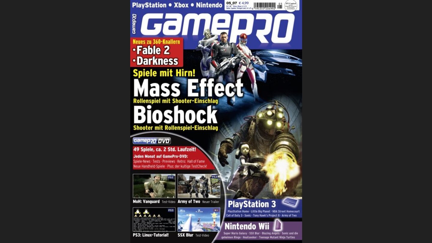 GamePro 052007mit Mass Effect und Bioshock-Titelstory und Tests zu Gitar Hero 2, Hotel Dusk: Room 215 und Virtua Tennis 3. Außerdem: Previews zu Fable 2, Forza 2 und The Darkness.
