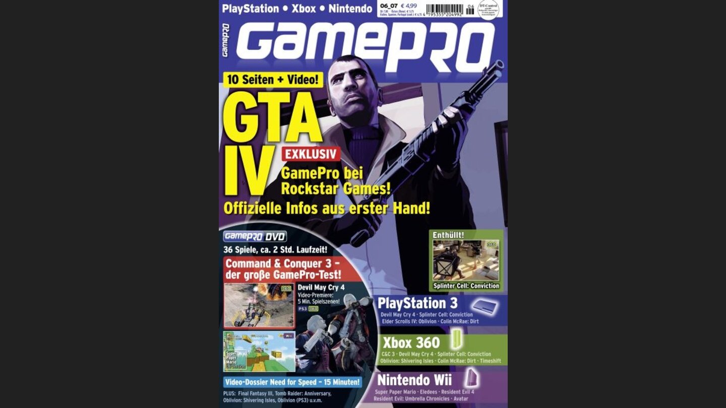 GamePro 062007mit GTA IV-Titelstory und Tests zu Oblivion, Splinter Cell: Double Agent und Tomb Raider: Anniversary. Außerdem: Previews zu Anno 1701, Devil MAy Cry 4 und Overlord.