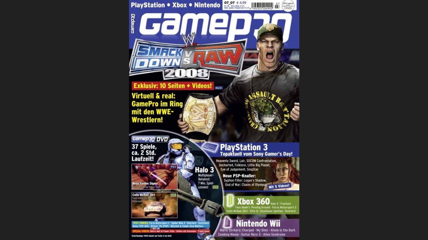 GamePro 072007mit WWE-Titelstory und Tests zu Forza 2, Overlord und Ratcher + Clank: Size Matters. Außerdem: Previews zu Halo 3, Rise of the Argonauts und Worlds in Conflict.