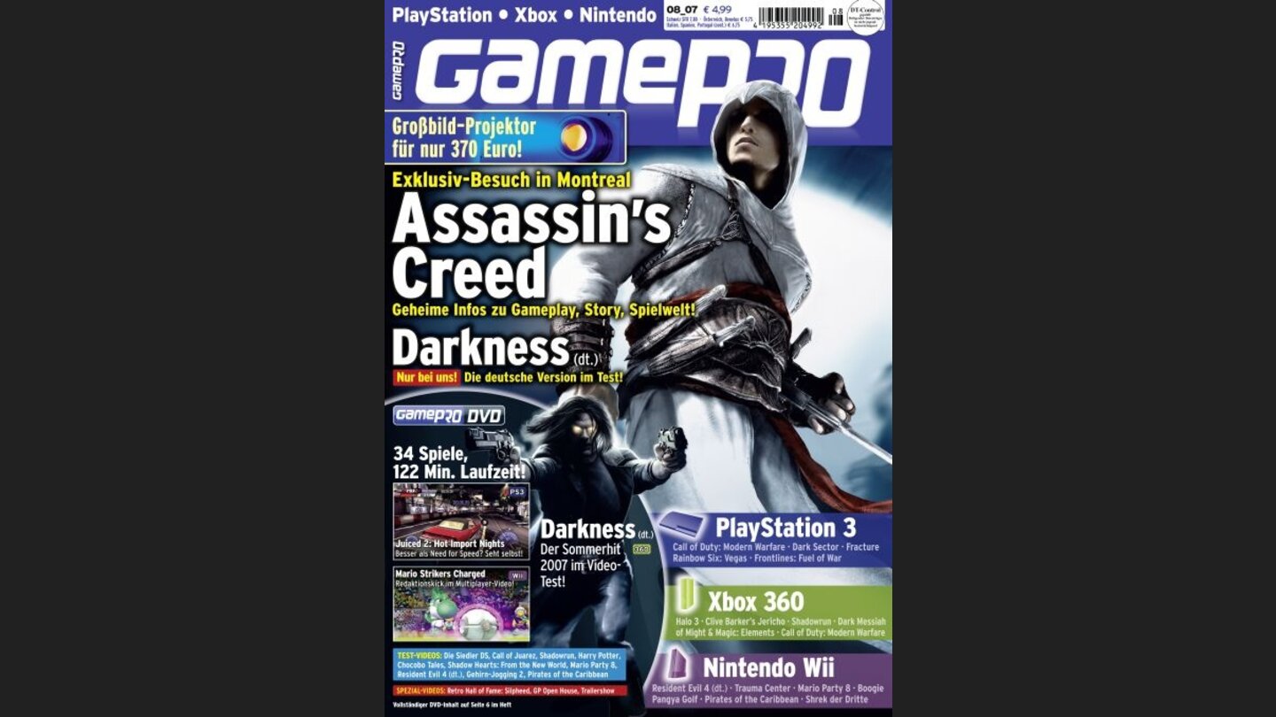 GamePro 082007mit Assassins Creed-Titelstory und Tests zu Call of Juarez, Kirby Mouse Attack und The Darkness. Außerdem: Previews zu Call of Duty 4: Modern Warfare, Fracture und Halo 3.
