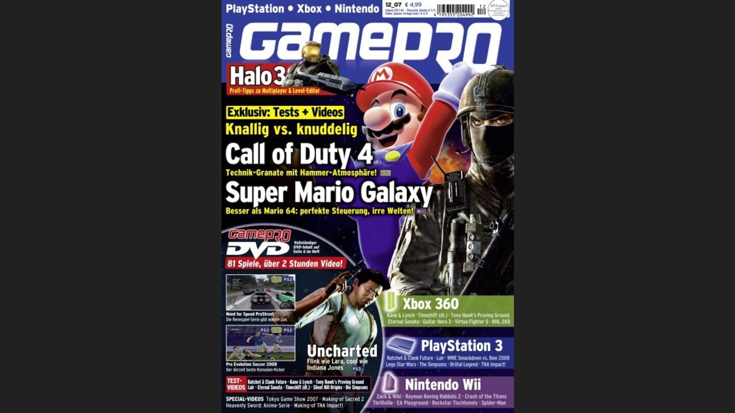 GamePro 122007mit Super Mario Galaxy-Titelstory und Tests zu Call of Duty 4, Guitar Hero 3 und Ratchet + Clank: Tools of Destruction. Außerdem: Previews zu Brütal Legend, Uncharted und Zack + Wiki.
