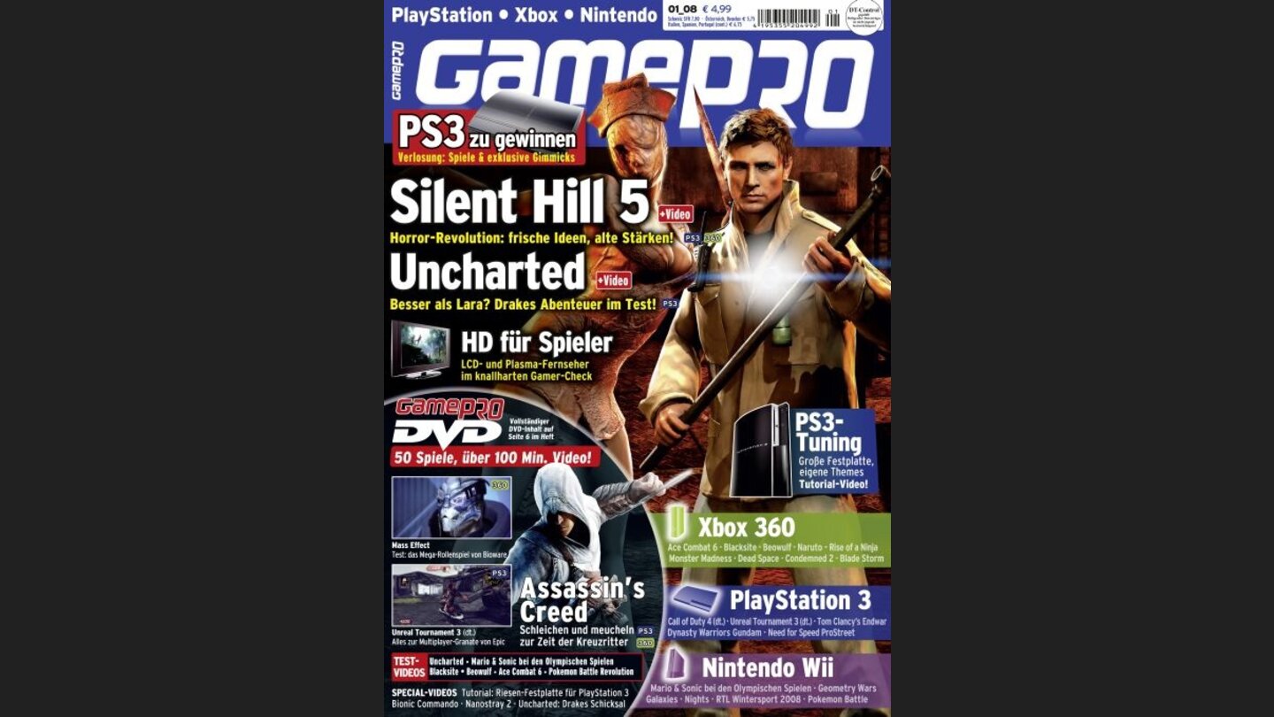 GamePro 012008mit Silent Hill-Titelstory und Tests zu Uncharte, Assassins Creed und Mass Effect. Außerdem: Previews zu Endwar, Unreal Turnament 3 und Geheimakte Tunguska.