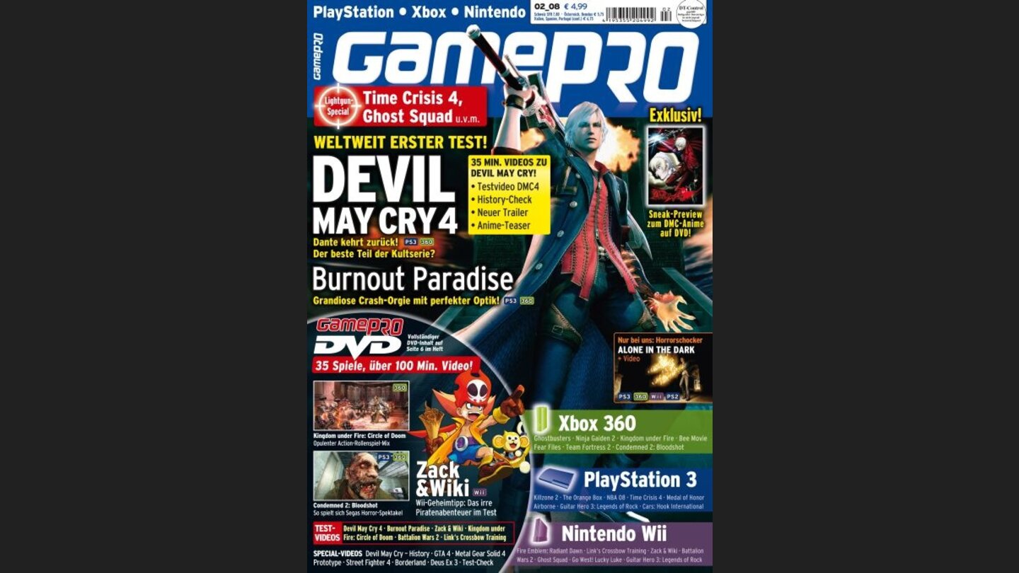 GamePro 022008mit Devil May Cry 4-Titelstory und Tests zu Burnout Paradise, Zack + Wiki und Condemned 2. Außerdem: Previews zu Fire Emblem, Alone in the Dark und Killzone 2.