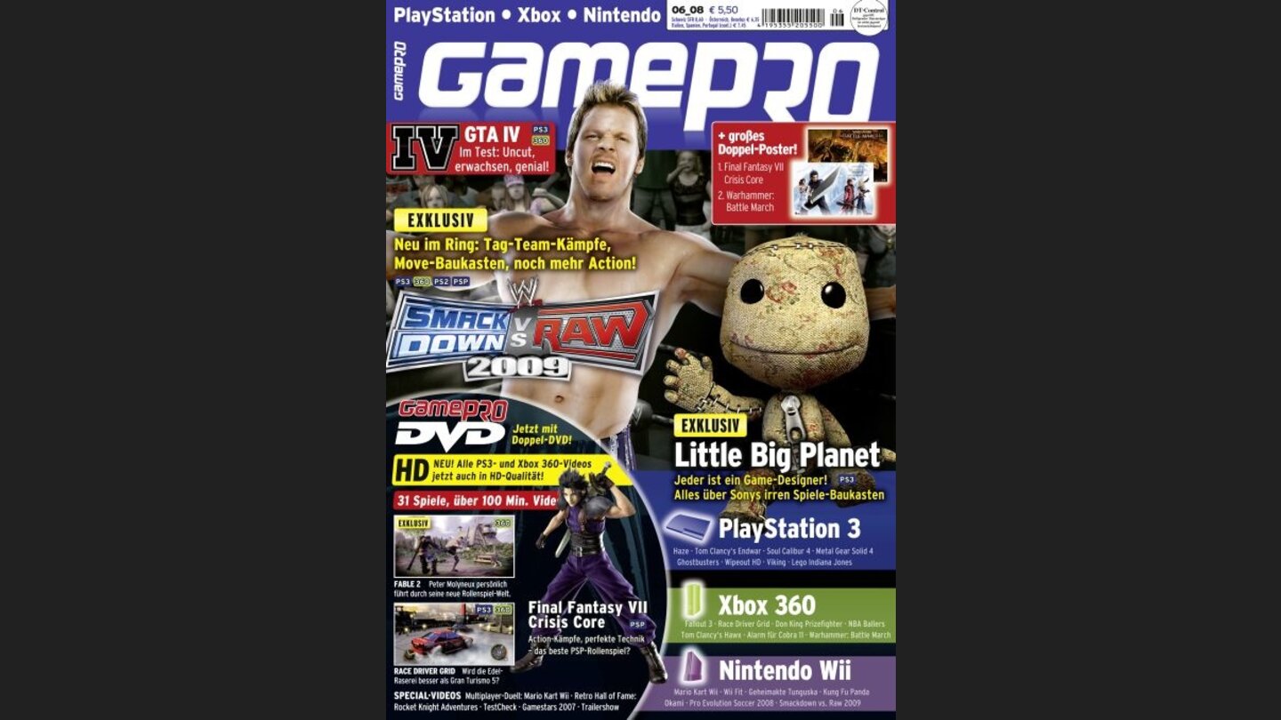 GamePro 062008mit WWE-Titelstory und Tests zu GTA IV, Mario Kart Wii und Okami. Außerdem: Previews zu Soul Calibur 4, Crisis Core: FF VII und Metal Gear Solid 4.