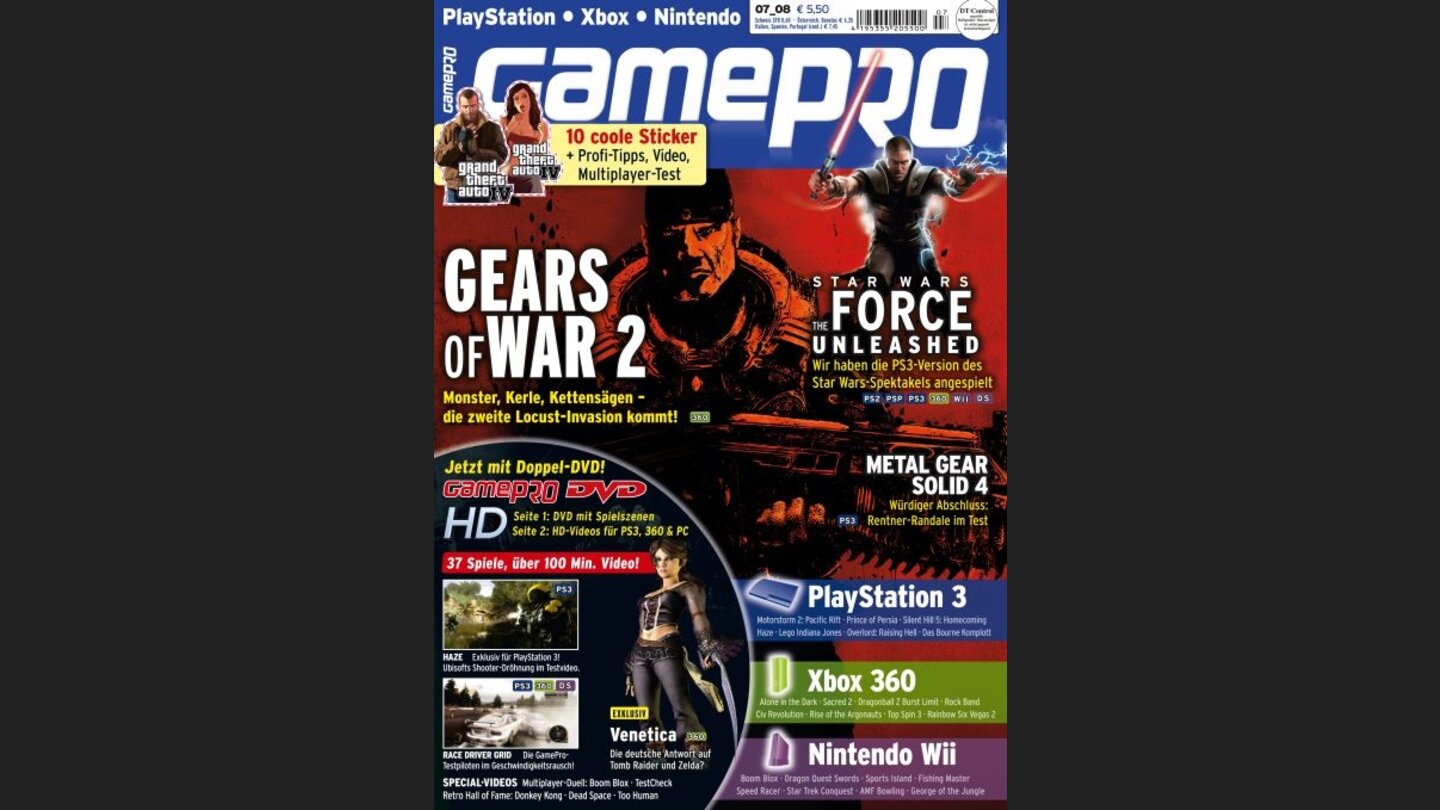 GamePro 072008mit Gears of War 2-Titelstory und Tests zu Race Driver: Grid, Metal Gear Solid 4 und Rock Band. Außerdem: Previews zu Force Unleashed, Venetica und Sacred 2.