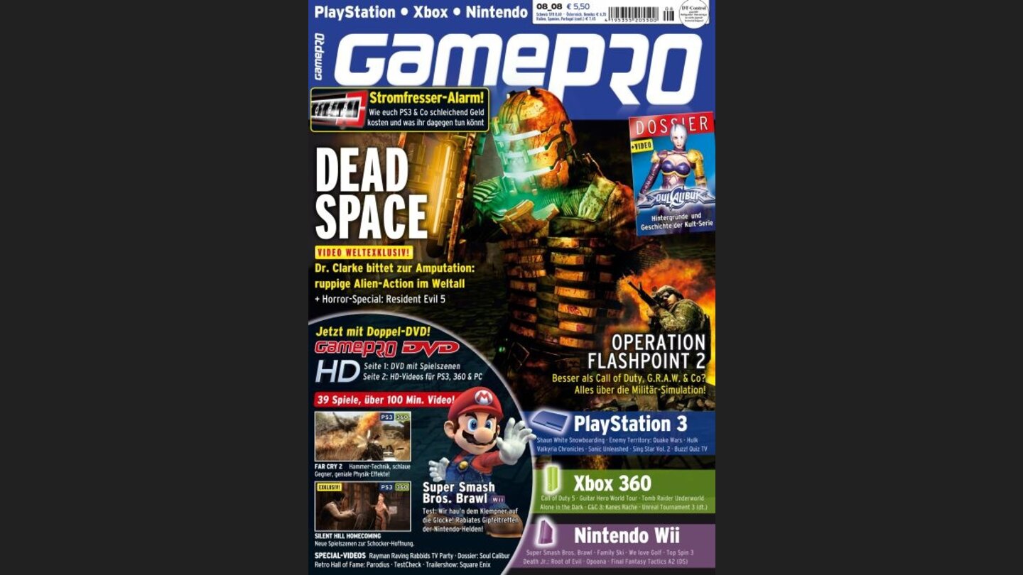 GamePro 082008mit Dead Space-Titelstory und Tests zu Super Smash Bros. Brawl, Alone in the Dark und Battlefield: Bad Company. Außerdem: Previews zu Resident Evil 5, Call of Duty 5 und Valkyria Chronicles.