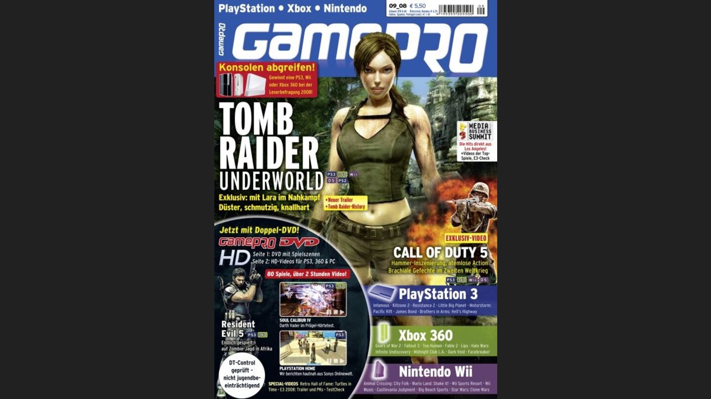 GamePro 092008mit Tomb Raider-Titelstory und Tests zu Ferrari Challenge, Soul Calibur IV und Top Spn 3. Außerdem: Previews zu Call of Duty 5, Gears of War 2 und Infamous.