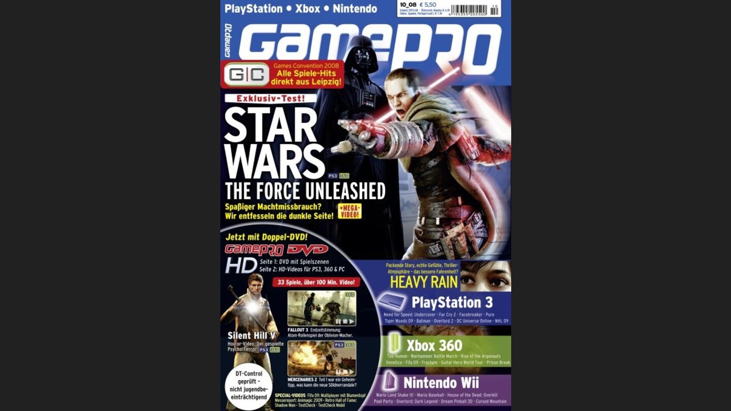 GamePro 102008mit Force Unleashed-Titelstory und Tests zu Mercenaries 2, Too Human und Pure. Außerdem: Previews zu Far Cry 2, Silent Hill V und Venetica.