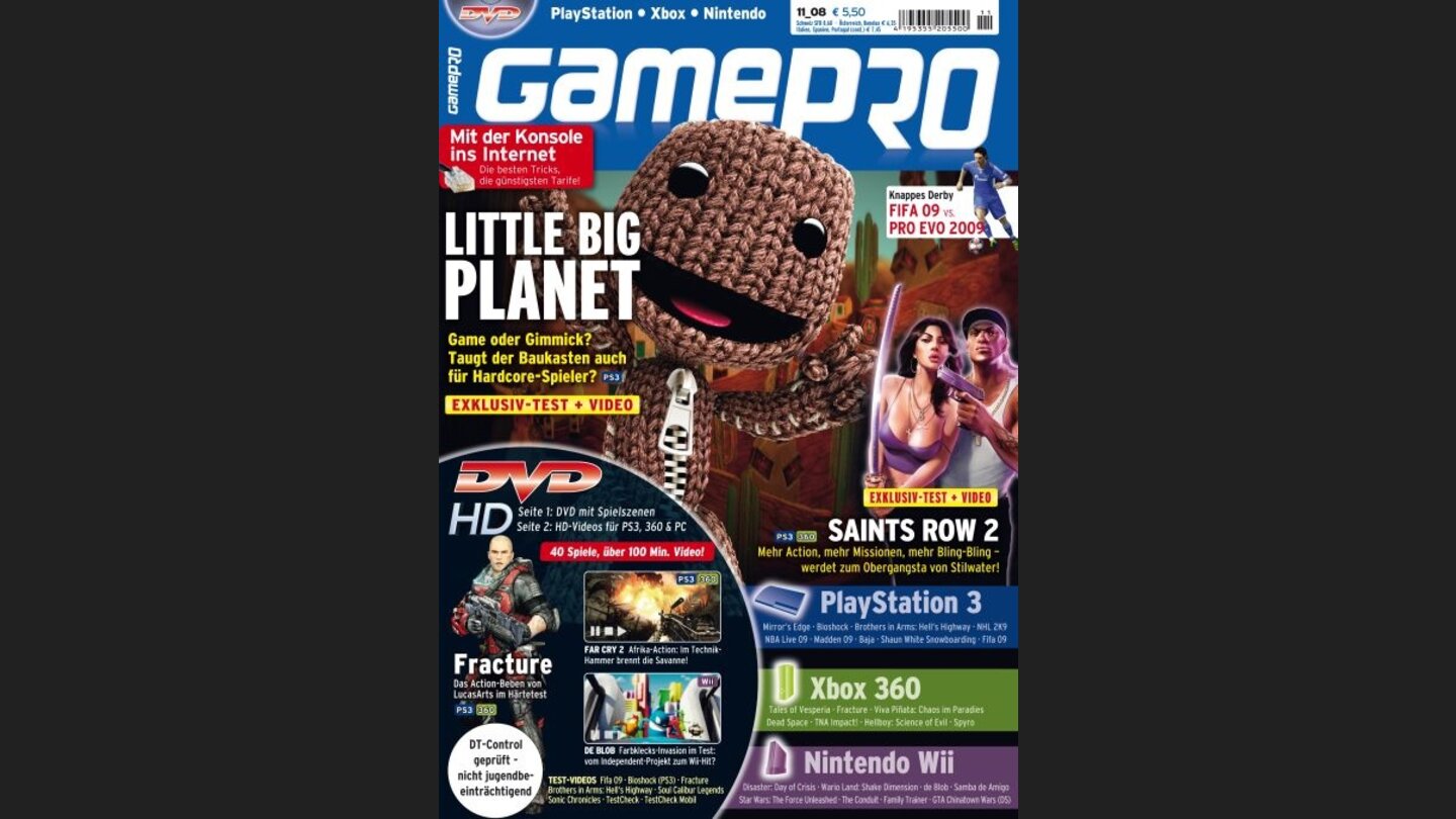 GamePro 112008mit Little Big Planet-Titelstory und Tests zu Saints Row 2, Wario Land und Bioshock. Außerdem: Previews zu Mirrors Edge, Dead Space und Disaster: Day of Crisis.