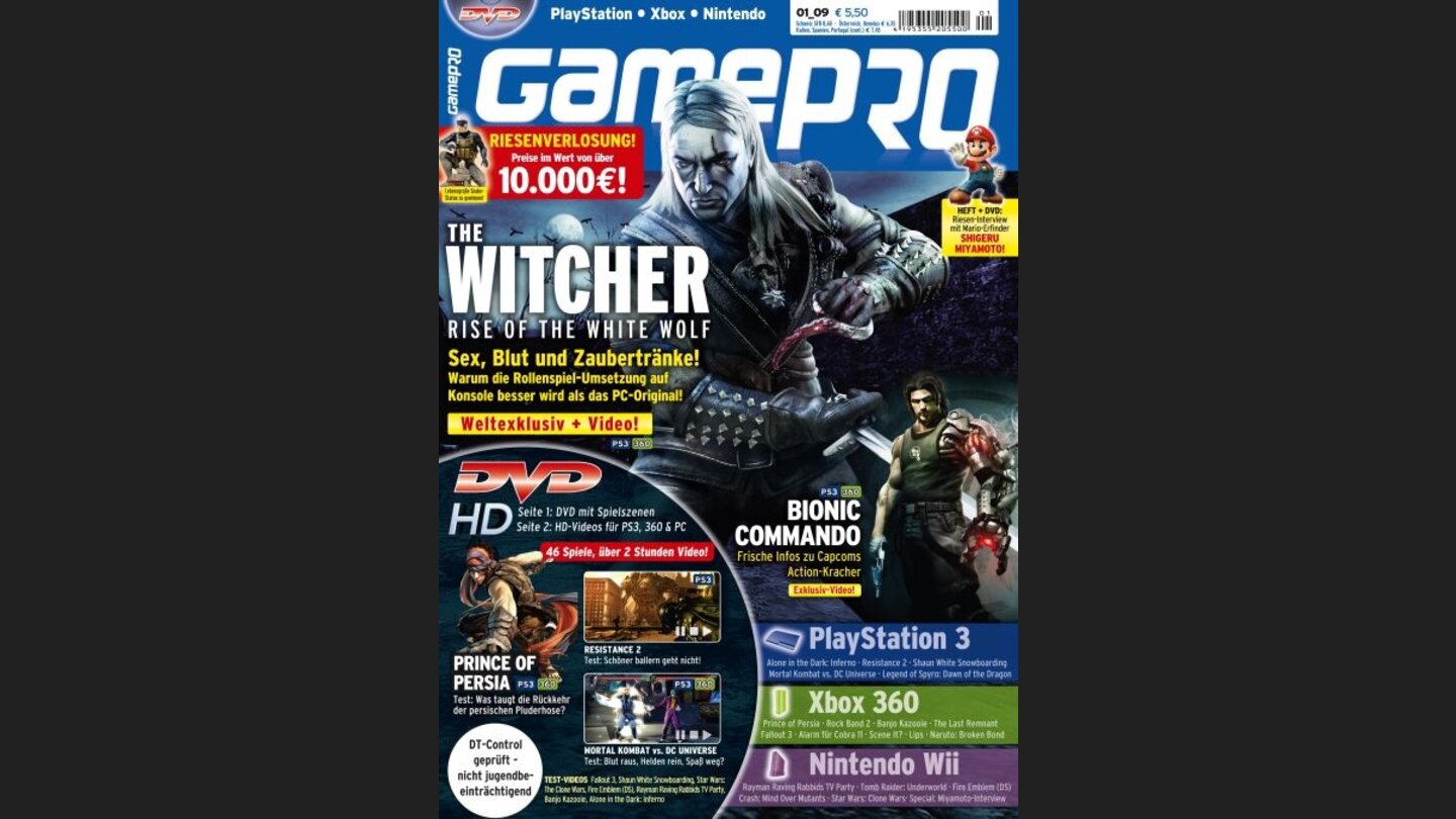 GamePro 012009mit The Witcher-Titelstory und Tests zu Resistance 2, The Last Remnant und Fallout 3. Außerdem: Previews zu Halo Wars, Animal Crossing und Metro 2033.