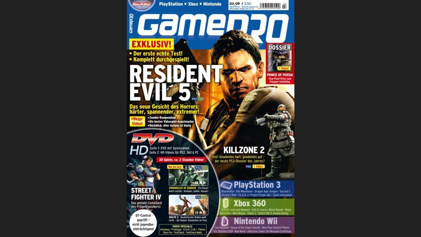 GamePro 032009mit Resident Evil 5-Titelstory und Tests zu Killzone 2, Skate 2 und Street Fighter IV. Außerdem: Previews zu Prototype, Dragon Age: Origins und Madworld.