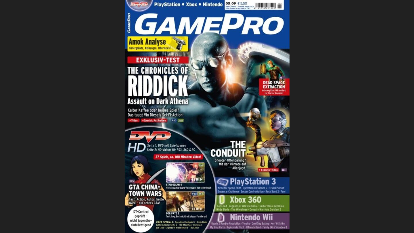 GamePro 052009mit Riddick-Titelstory und Tests zu Der Pate 2, NfS: Shift und Ninja Blade. Außerdem: Previews zu Dead Space: Extraction, Dantes Inferno und Fuel.