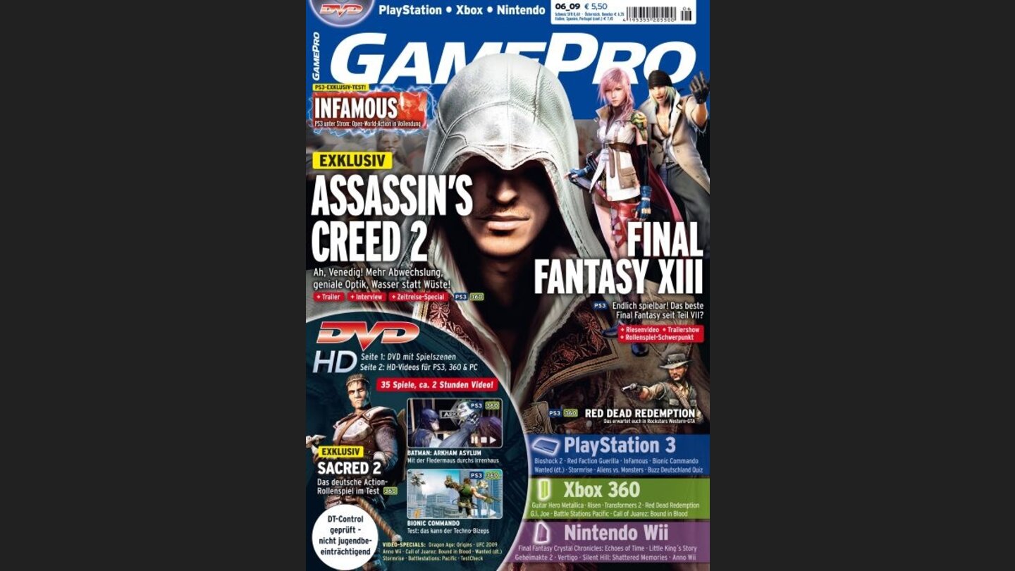 GamePro 062009mit Assassins Creed 2-Titelstory und Tests zu Bionic Commando, Infamous und Little Kings Story. Außerdem: Previews zu Final Fantasy XIII, Bioshock 2 und Red Dead Redemption.