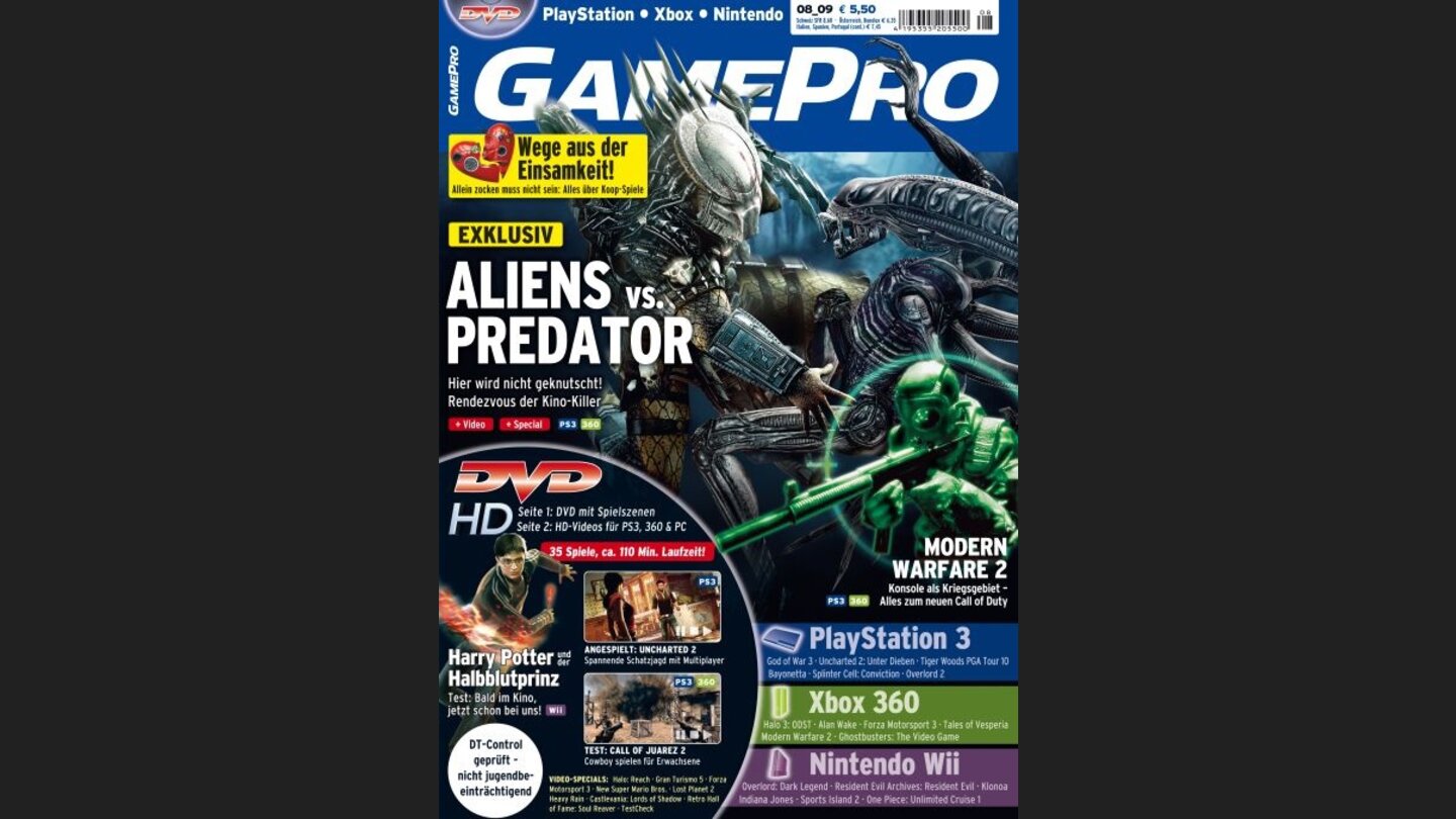 GamePro 082009mit Alien vs. Predator-Titelstory und Tests zu Call of Juarez: Bound in Blood, Overlord 2 und Tales of Vasperia. Außerdem: Previews zu Alan Wake, Modern Warfare 2 und Uncharted 2.