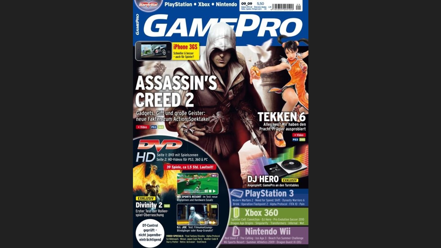 GamePro 092009mit Assassins Creed 2-Titelstory und Tests zu Wii Sports Resort, G.I. Joe und Pain. Außerdem: Previews zu Tekken 6, NfS: Shift und FIFA 10.