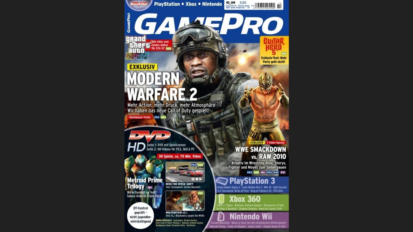 GamePro 102009mit Modern Warfare 2-Titelstory und Tests zu NfS:Shift, Wolfenstein und Cursed Mountain. Außerdem: Previews zu WWE 2010, GTA IV: Ballad of Gay Tony und Risen.