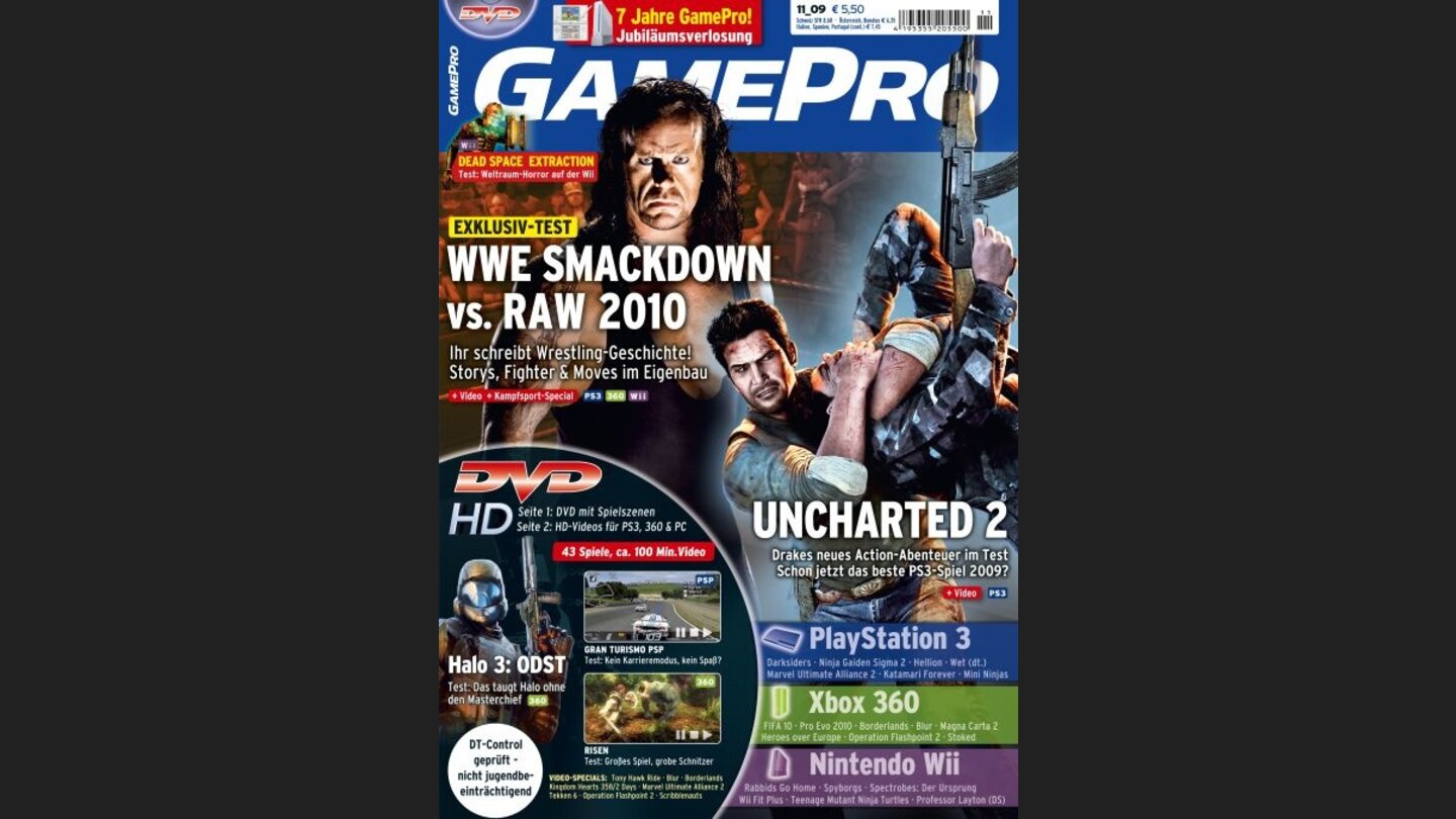 GamePro 112009mit WWE-Titelstory und Tests zu Halo 3: ODST, Uncharted 2 und FIFA 10. Außerdem: Previews zu Borderlands, Darksiders und Tony Hawk: Ride.