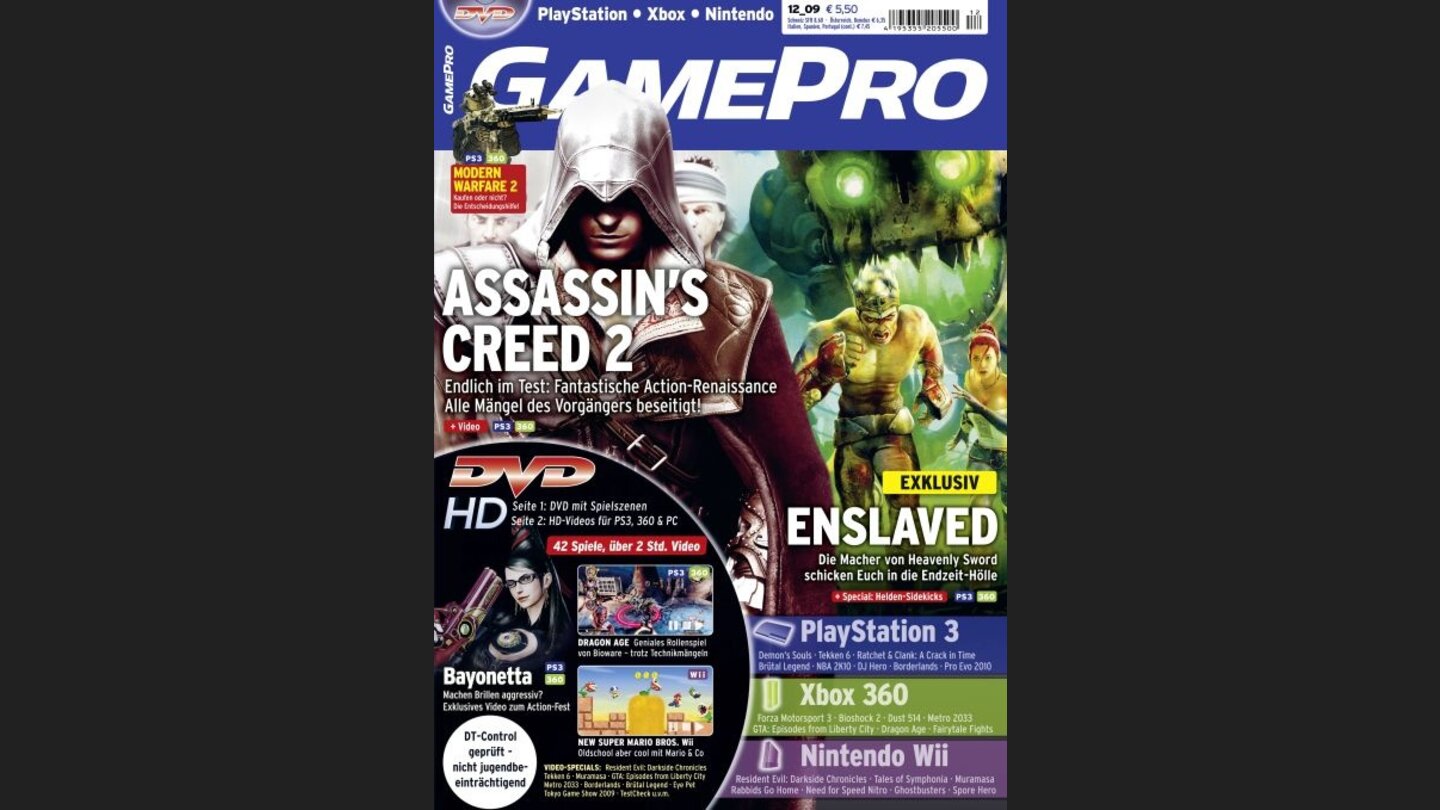 GamePro 122009mit Assassins Creed 2-Titelstory und Tests zu GTA IV: Ballad of Gay Tony, Forza 3 und Ratchet + Clank: A Crack in Time. Außerdem: Previews zu Bioshock 2, Bayonetta und Dust 514.