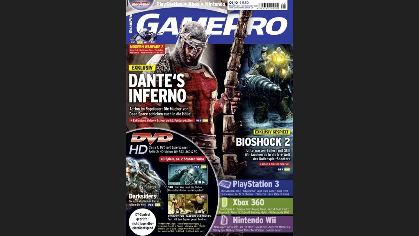 GamePro 012010mit Dantes Inferno-Titelstory und Tests zu New Super Mario Bros. Wii, Darkside Chronicles und Modern Warfare 2. Außerdem: Previews zu Darksiders, Bioshock 2 und Just Cause 2.