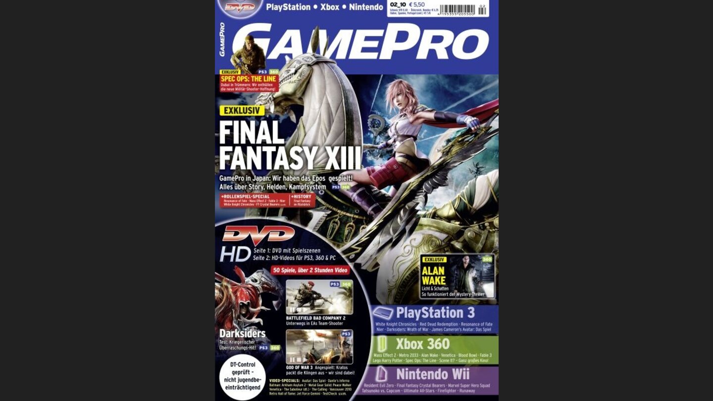 GamePro 022010mit Fianl Fantasy XIII-Titelstory und Tests zu Darksiders, Venetica und Avatar. Außerdem: Previews zu Mass Effect 2, Red Dead Redemption und Alan Wake.