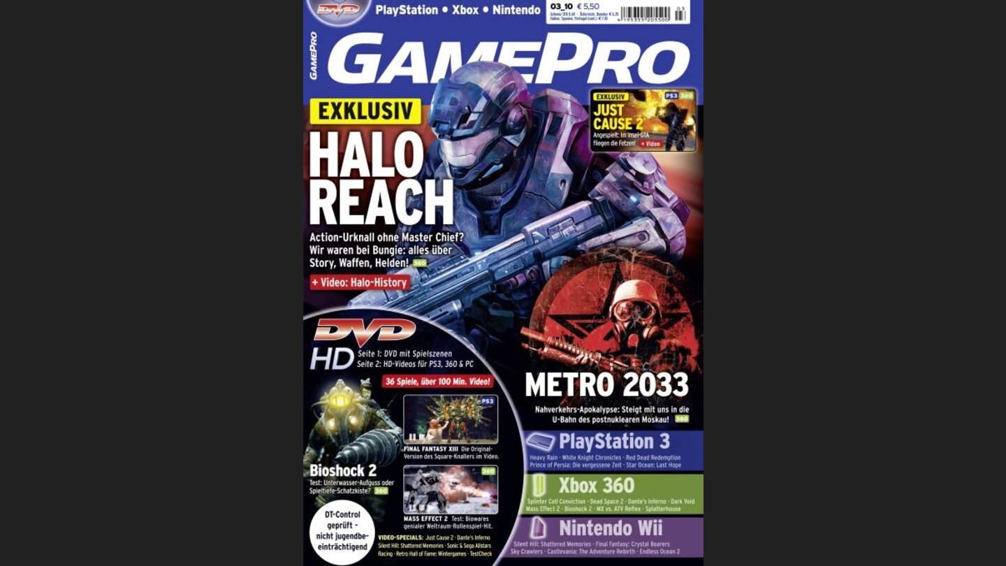 GamePro 032010mit Halo: Reach-Titelstory und Tests zu Mass Effect 2, Bioshock 2 und Endless Ocean 2. Außerdem: Previews zu Splinter Cell: Conviction, Heavy Rain und Metro 2033.